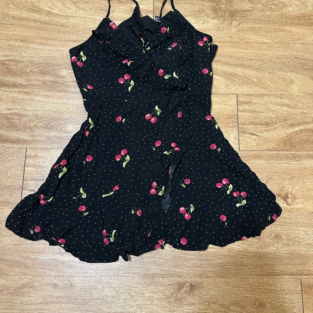 Forever 21 Black Mini Dress with Cherry Pattern